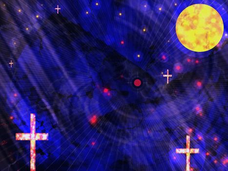 Glowing crosses and pyramids at night, an abstract textured image of the force signs illuminated by moonlight that are on the whole planet