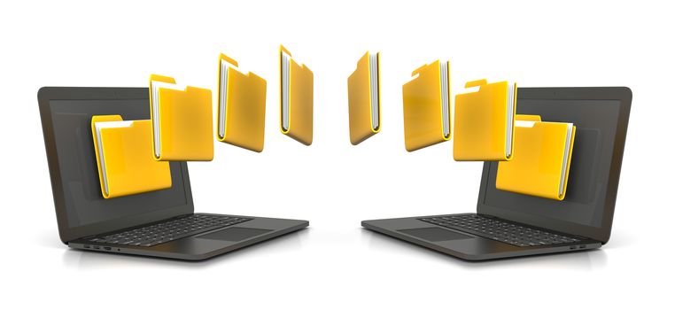 Two Laptop Computers Transferring Yellow Folders Data, 3D Illustration Isolated on White Background