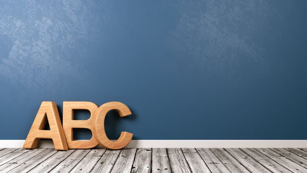 Wooden ABC Letters Shape on Wooden Floor Against Blue Wall with Copyspace 3D Illustration