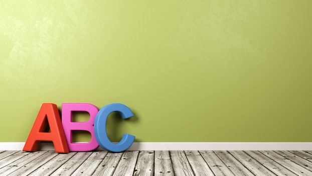 Colorful ABC Text Shape on Wooden Floor Against Green Wall with Copyspace 3D Illustration