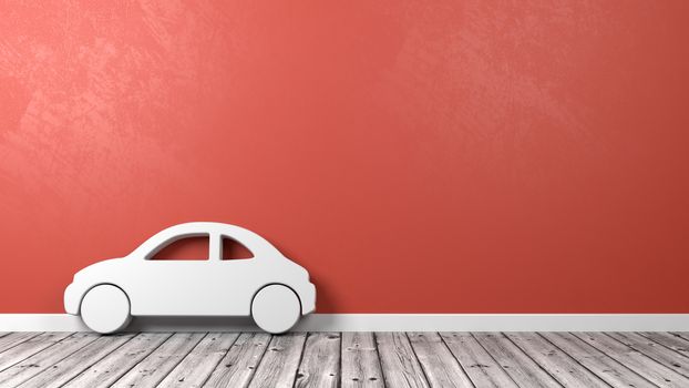 White Car Symbol Shape on Wooden Floor Against Red Wall with Copyspace 3D Illustration