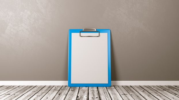 Blue Clipboard with Blank Paper on Wooden Floor Against Grey Wall with Copyspace 3D Illustration