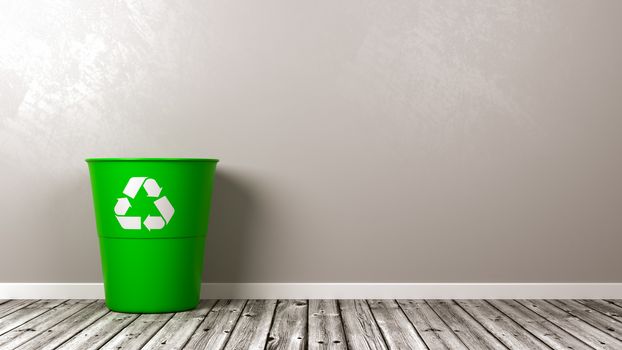 One Green Plastic Bin with Recycle Sign on Wooden Floor Against Grey Wall with Copyspace 3D Illustration