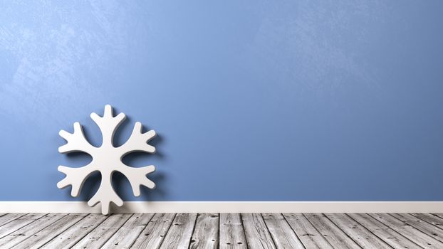 White Snowflake Shape on Wooden Floor Against Blue Wall with Copyspace 3D Illustration