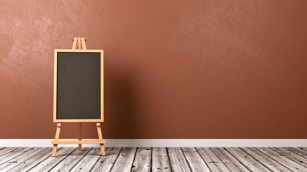 Empty Blackboard on Wooden Easel on Wooden Floor with Copyspace on Orange-Red Background 3D Illustration