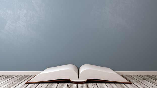 Open Book with Blank Pages on Wooden Floor Against Blue-Grey Wall with Copyspace 3D Illustration