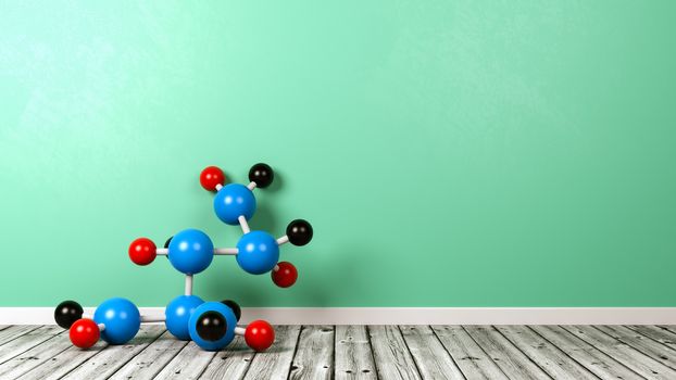 Molecule Shape Structure on Wooden Floor Against Green Wall with Copyspace 3D Illustration