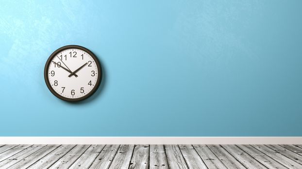 Black Clock Against Blue Wall in Wooden Floor Room with Copyspace 3D Illustration