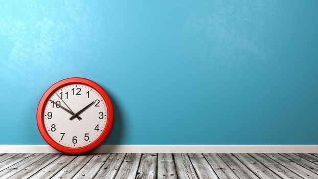 Red Clock on Wooden Floor Against Blue Wall with Copyspace 3D Illustration