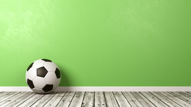 Classic Black and White Soccer Ball on Wooden Floor Against Green Wall with Copyspace 3D Illustration