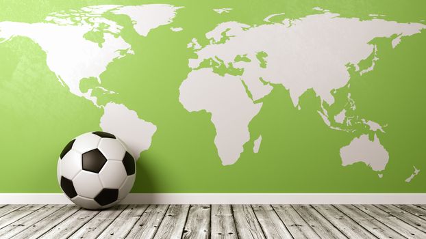 Classic Soccer Ball on Wooden Floor Against Green Wall with World Map 3D Illustration