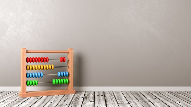 Colorful Wooden Abacus on Wooden Floor Against Grey Wall with Copyspace 3D Illustration