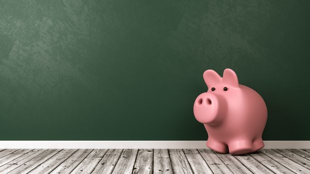 Pink Piggy Bank on Wooden Floor Against Green Wall with Copyspace 3D Illustration