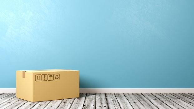 One Single Closed Cardboard Box on Wooden Floor Against Blue Wall with Copyspace 3D Illustration