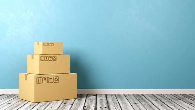 Heap of Closed Cardboard Box on Wooden Floor Against Blue Wall with Copyspace 3D Illustration