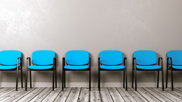 Row of Same Chairs on Wooden Floor Against Grey Wall with Copyspace 3D Illustration