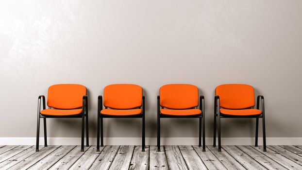 Row of Same Chairs on Wooden Floor Against Grey Wall with Copyspace 3D Illustration