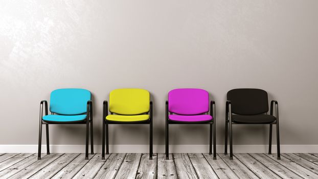 Four CMYK Colored Chairs on Wooden Floor Against Grey Wall with Copyspace 3D Illustration