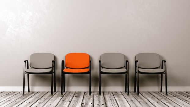 One Different Colored Chair in a Row of Grey on Wooden Floor Against Grey Wall with Copyspace 3D Illustration