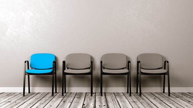 One Different Colored Chair in a Row of Grey on Wooden Floor Against Grey Wall with Copyspace 3D Illustration