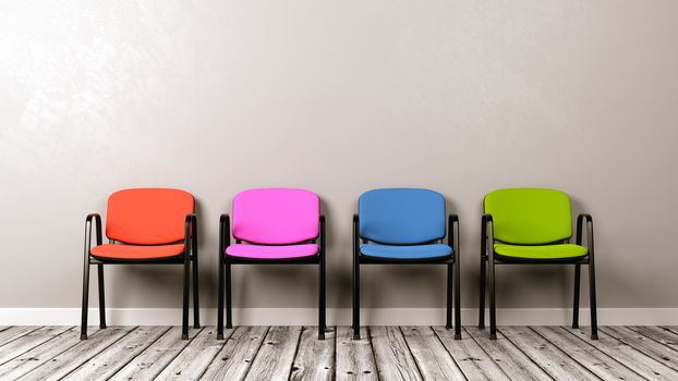 Row of Different Colored Chairs on Wooden Floor Against Grey Wall with Copyspace 3D Illustration