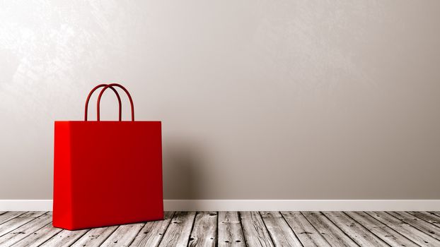 One Red Shopping Bag on Wooden Floor Against Grey Wall with Copyspace 3D Illustration