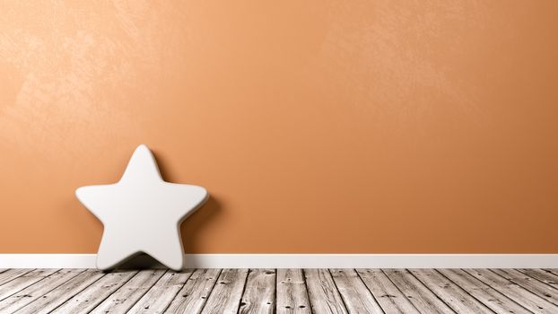 White Bookmark Star Symbol Shape on Wooden Floor Against Orange Wall with Copyspace 3D Illustration