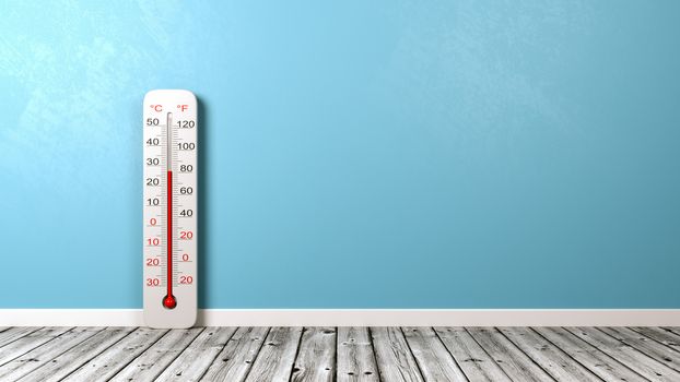Thermometer on Wooden Floor Against Blue Wall with Copyspace 3D Illustration