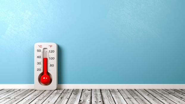 Thermometer on Wooden Floor Against Blue Wall with Copyspace 3D Illustration