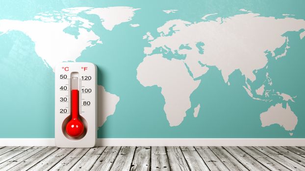 Thermometer on Wooden Floor Against Blue Wall with World Map 3D Illustration