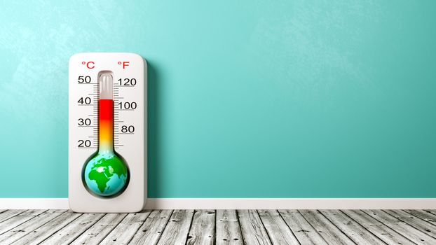 Earth in the Shape of a Thermometer on Wooden Floor Against Blue Wall with Copyspace 3D Illustration, Global Warming Concept