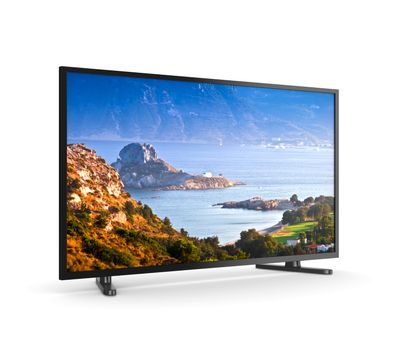 Modern Tv Set with Screen Showing Kos Greek Island Landscape on White Background 3D Illustration