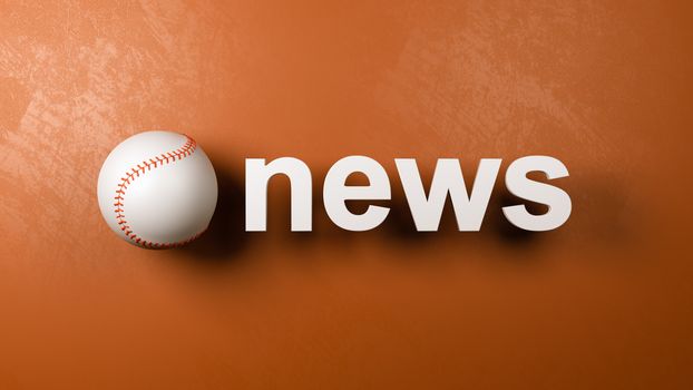 Baseball and White News Text Against Brown Orange Wall 3D Illustration, Sports News Concept