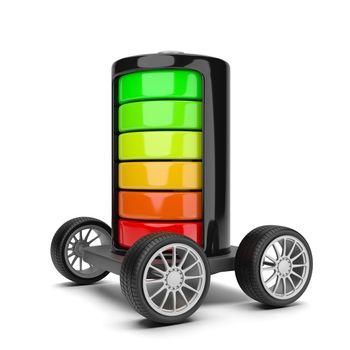 Electric Battery with Wheels on White Background 3D Illustration