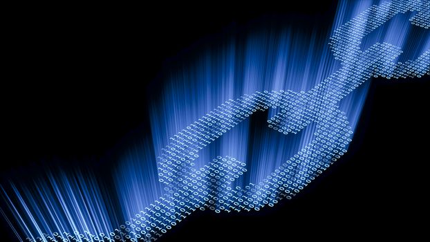 Bright Blue Chain of Binary Code Emitting Rays on Black Background, Blockchain Technology Concept