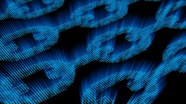 Bright Blue Chain of Binary Code Emitting Rays on Black Background, Blockchain Technology Concept