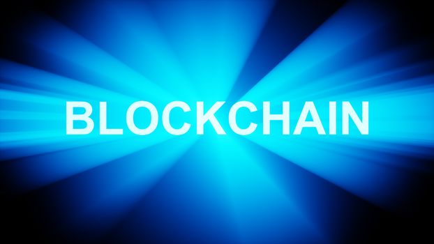 Blockchain Text Emitting Blue Bright Rays on Black Background