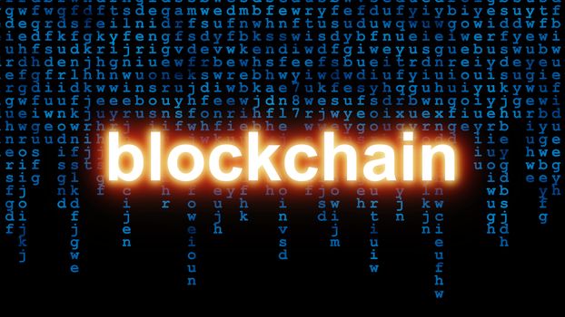 Orange Bright Blockchain Text over Blue Text Fall on Black Background