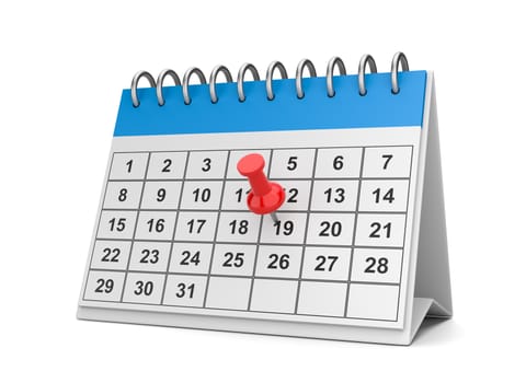 Red Pushpin on a Blue and White Desk Calendar on White Background 3D Illustration