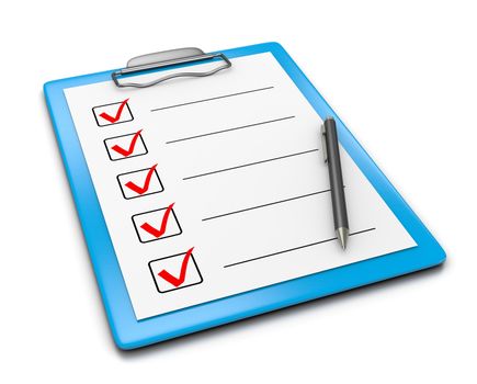 Blue Clipboard with Checklist Paper and a Black Ball-point Pen on White Background 3D Illustration