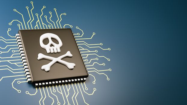 Computer Processor with Pirate Symbol Skull 3D Illustration, Security Concept
