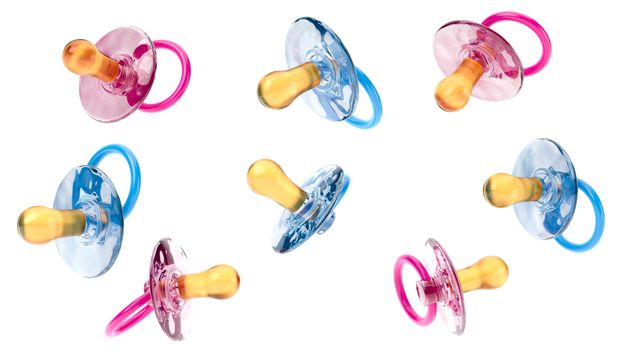 Blue and Pink Baby's Pacifiers Isolated on White Background, 3D Illustration