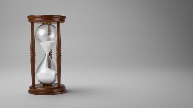 Classic Wooden Hourglass with White Sand on Gray Background with Copyspace Studio Shot 3D Illustration
