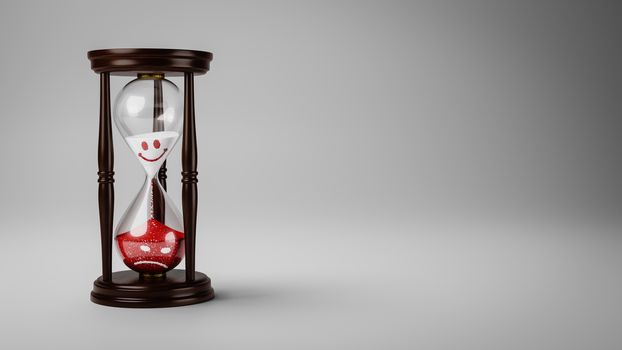 Hourglass with Red and White Happy to Angry Emoticons in the Sand on Gray Background with Copyspace 3D Illustration, Change of Mood Over Time Concept