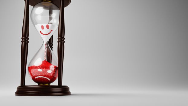 Hourglass with Red and White Happy to Angry Emoticons in the Sand on Gray Background with Copyspace 3D Illustration, Change of Mood Over Time Concept