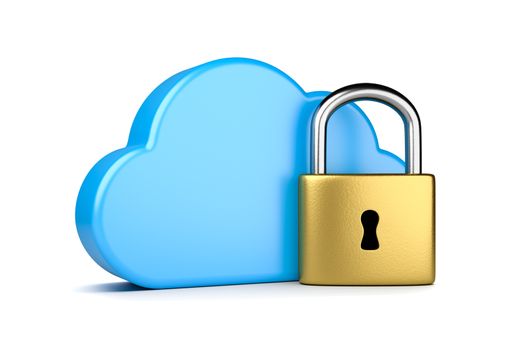 Blue Cloud with Metal Padlock 3D Illustration on White Background