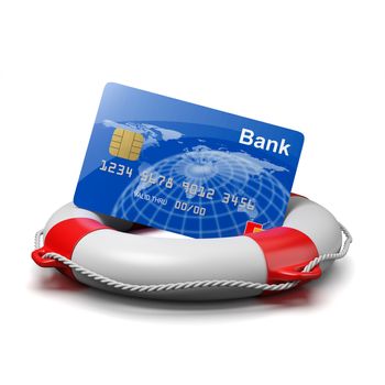 Credit or Debit Card on a Lifebuoy on White Background 3D Illustration