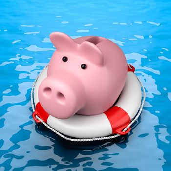 Pink Piggy Bank on a Lifebuoy in the Sea 3D Illustration