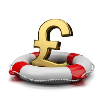 Gold Pound British Currency Symbol Shape on a Lifebuoy on White Background 3D Illustration