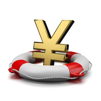 Gold Yen or Yuan Currency Symbol Shape on a Lifebuoy on White Background 3D Illustration